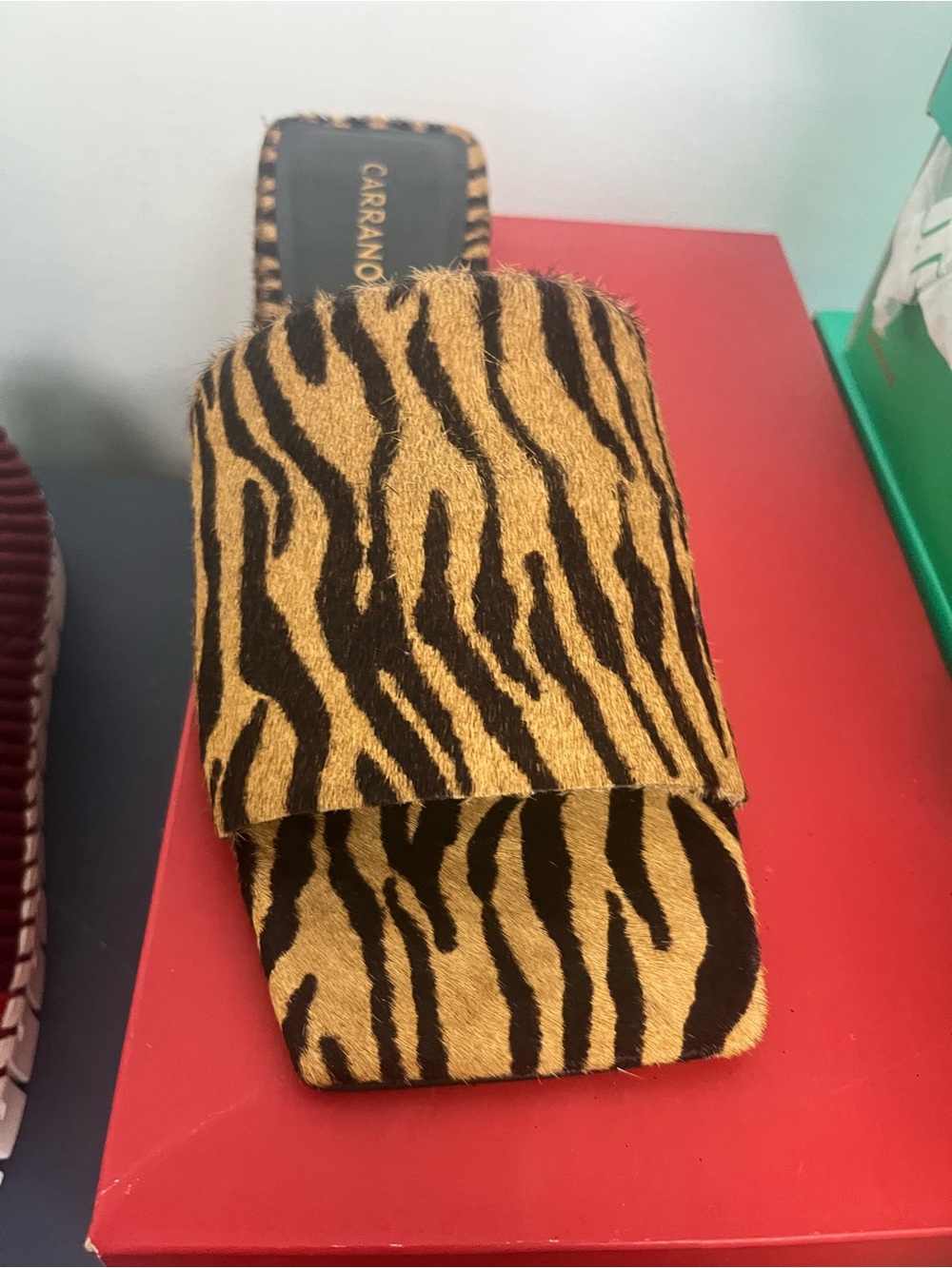 Carrano Tiger-Print Slide Sandal in Tan and Black